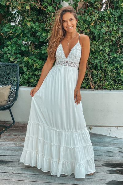White Crochet Top Maxi Dress With Ruffle Hem | Maxi Dresses – Saved by ...