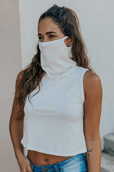 white crop top with face cover