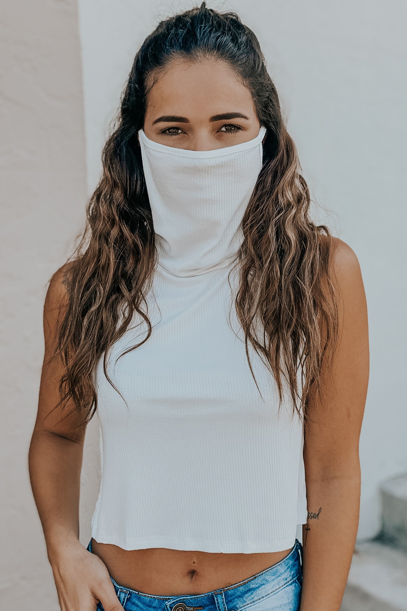 white crop top with face mask