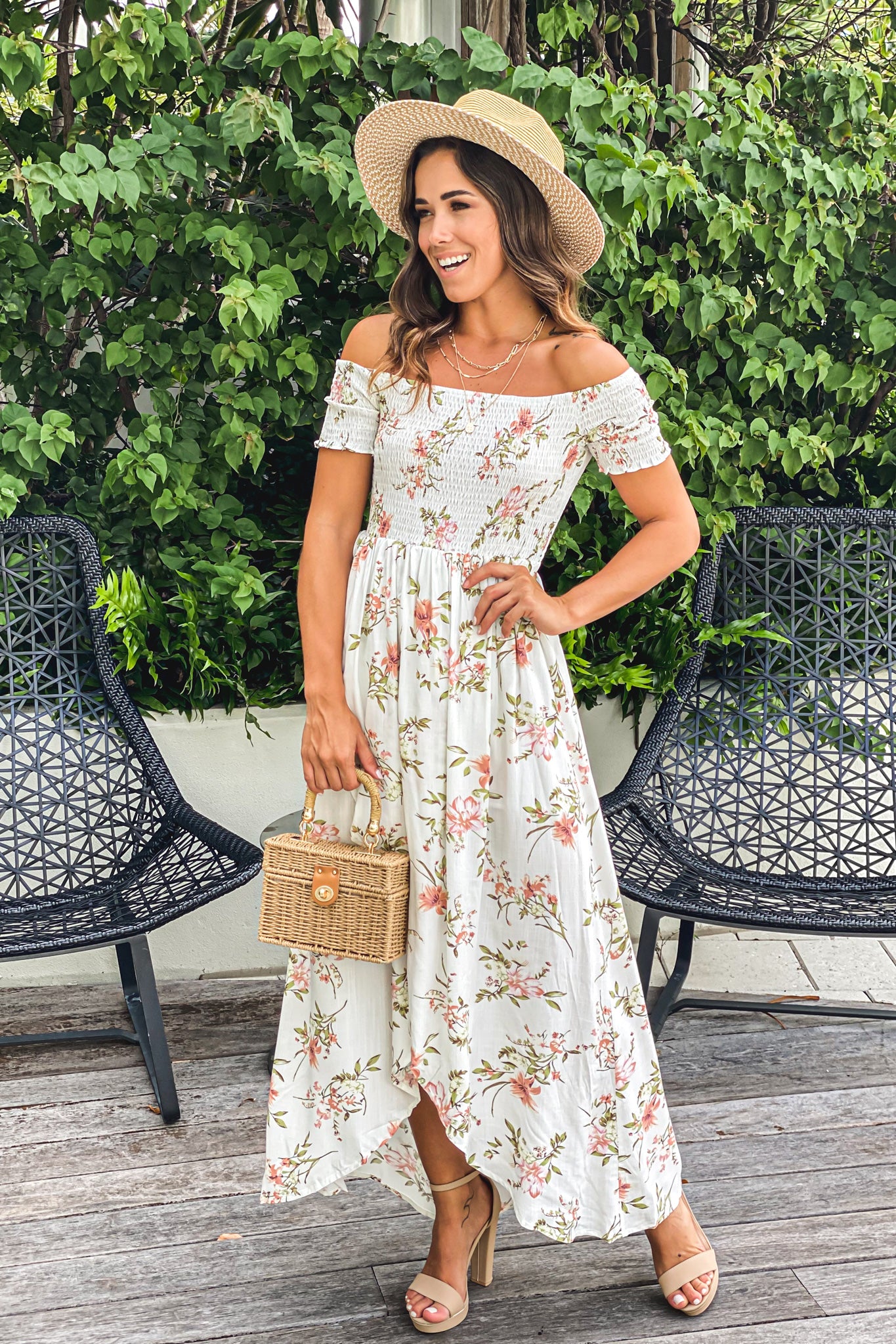 White Floral Smocked Top Off Shoulder High Low Dress | Maxi Dresses Saved by the Dress White Floral Smocked Top Off Shoulder High Low Dress | Maxi Dresses Saved by the Dress