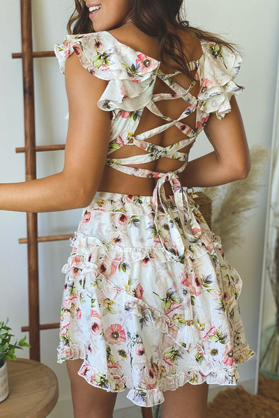 white floral ruffled short dress