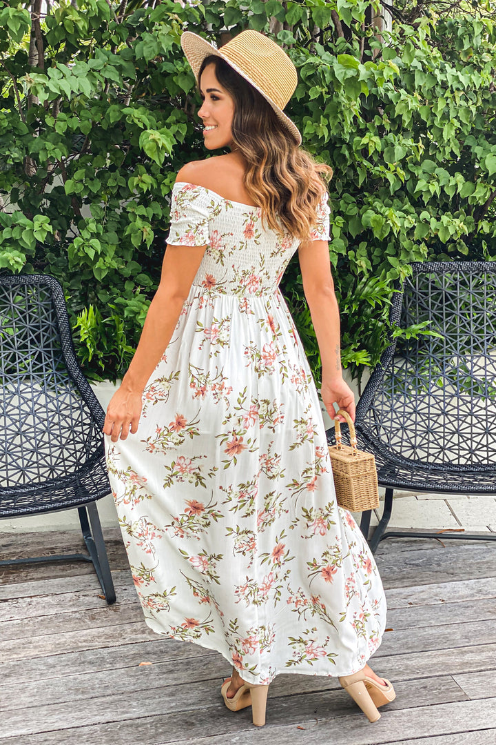 smocked off the shoulder dress White Floral Smocked Top Off Shoulder High Low Dress