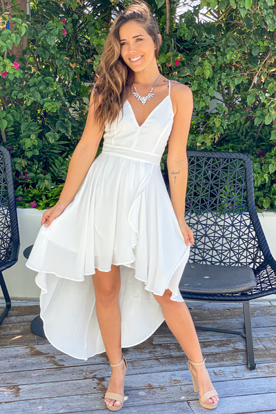 white high low dress with lace back