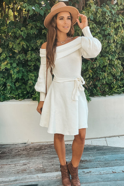 white off shoulder sweater short dress