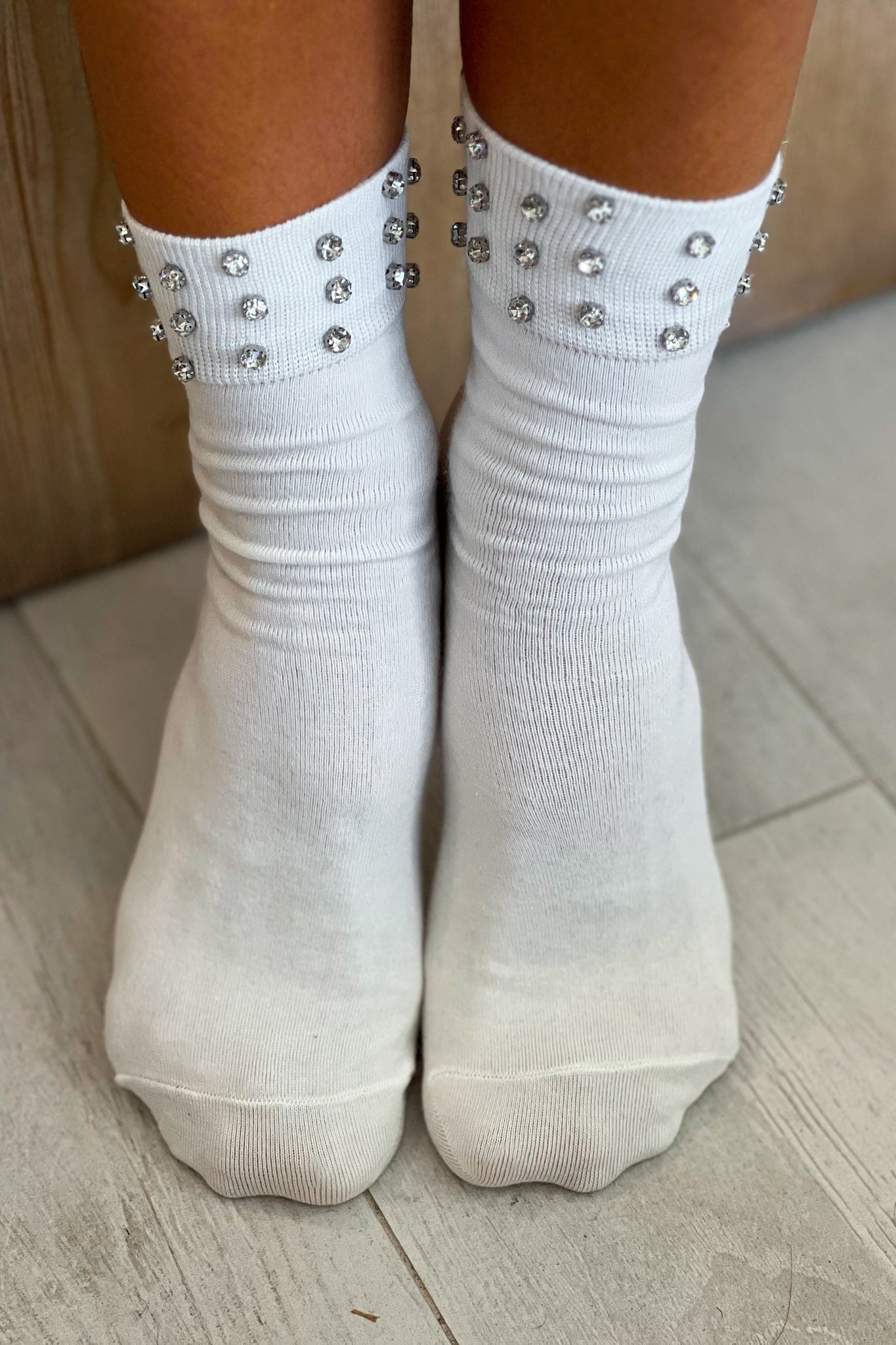 white rhinestone crew socks