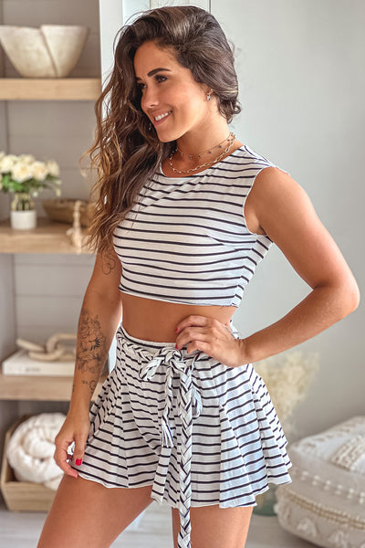 white striped crop top and shorts set