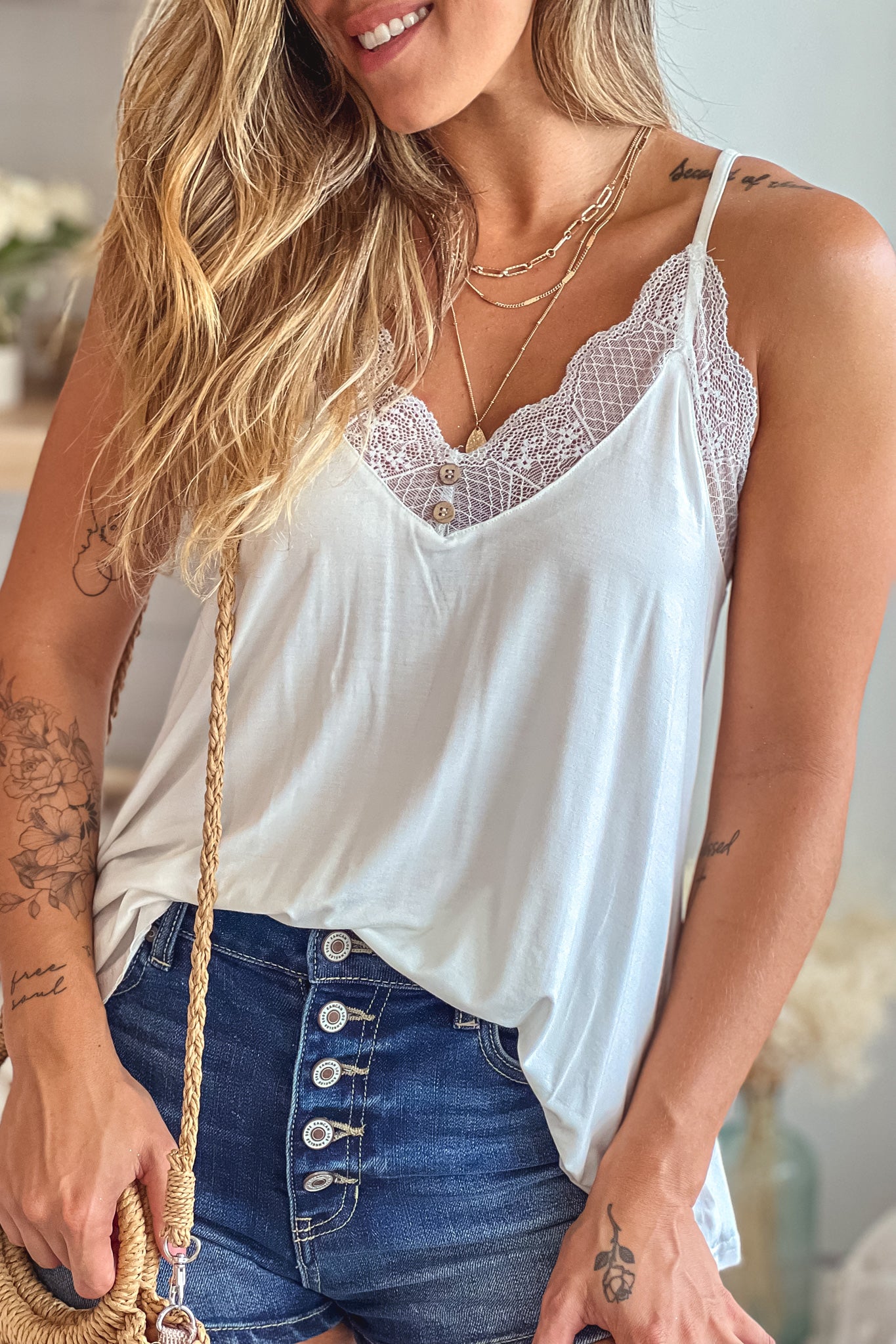 white top with lace trim