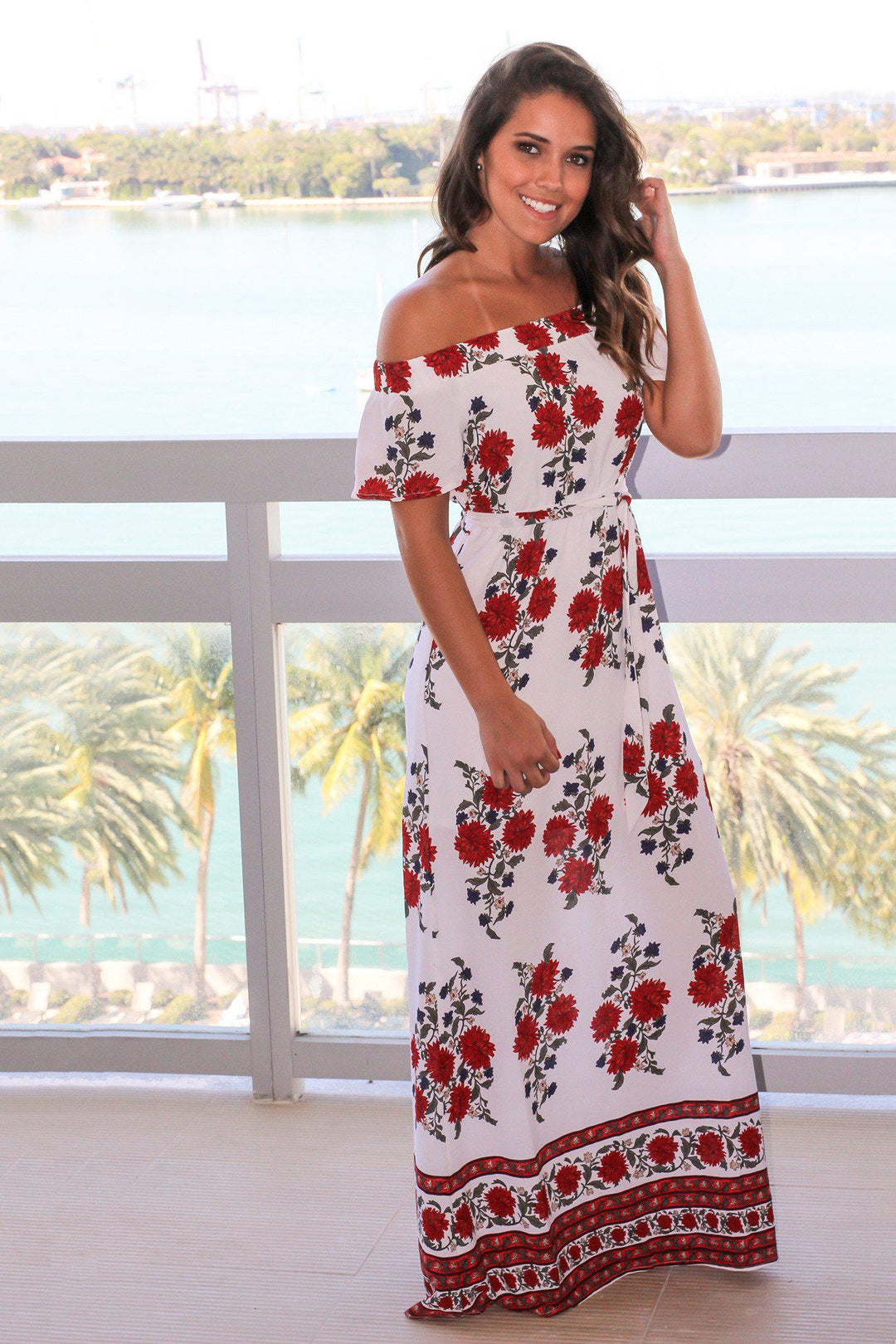 white floral maxi dress off the shoulder White Floral Off The Shoulder Maxi Dress