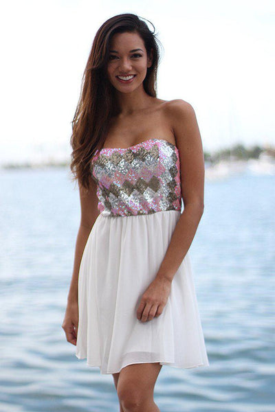 White Short Dress With Sequined Top