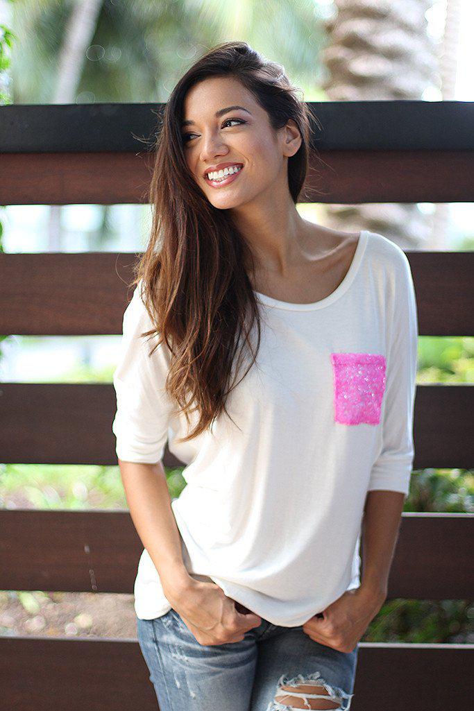 White Top with Sequined Pocket