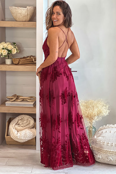 wine floral maxi dress with criss cross back