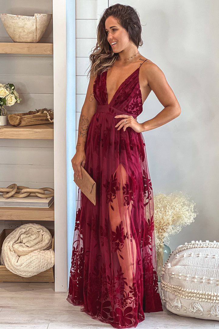 Wine Floral Tulle Maxi Dress | Maxi Dresses Saved by the Dress Wine Floral Tulle Maxi Dress | Maxi Dresses Saved by the Dress