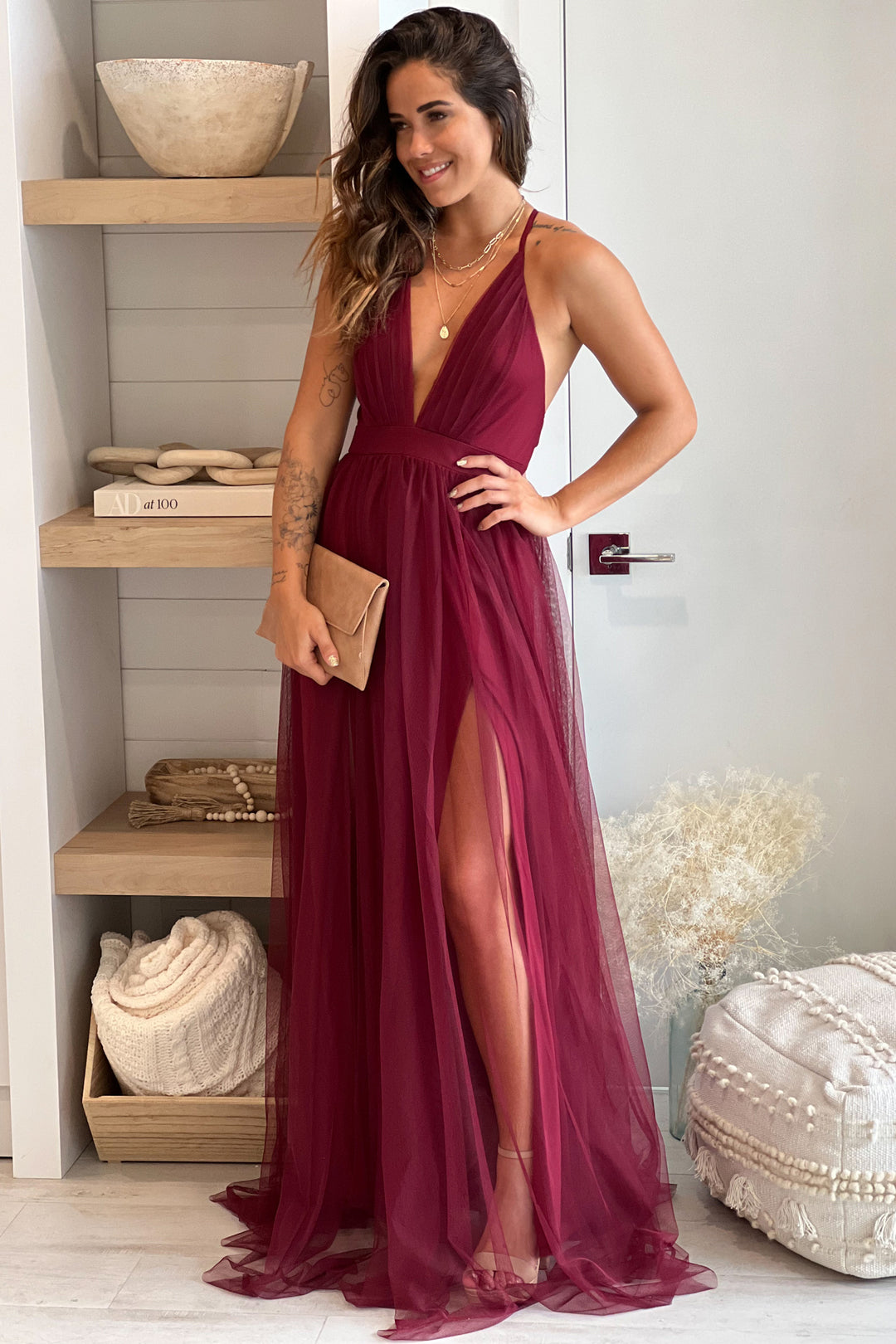 fitted lace wedding dress Wine Tulle Maxi Dress with Criss Cross Back