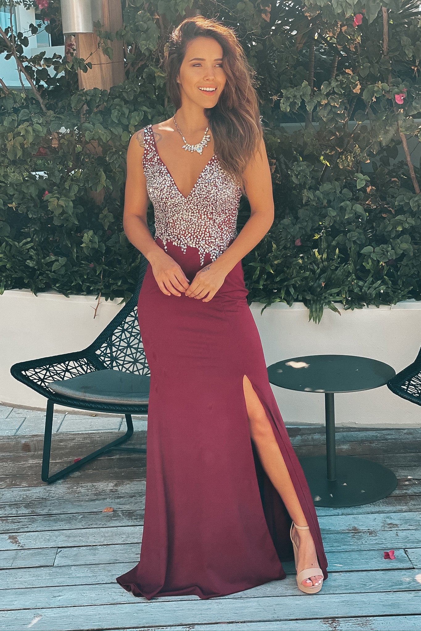 wine jeweled top maxi dress with open back