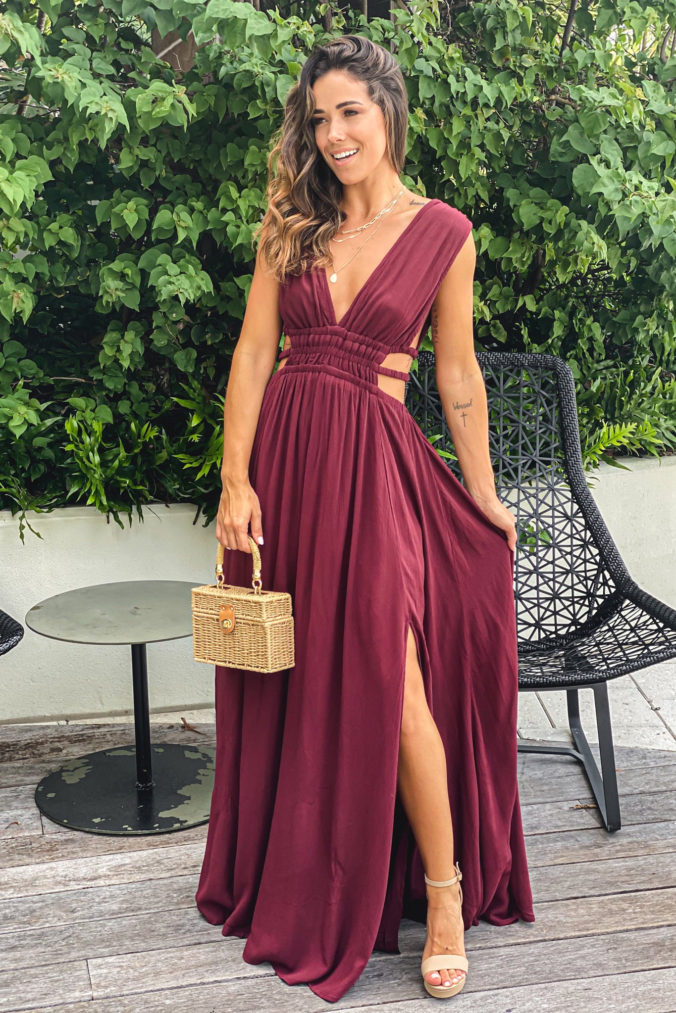 ivory V-Neck Maxi Dress With Cut Out And Slit ivory V-Neck Maxi Dress With Cut Out And Slit