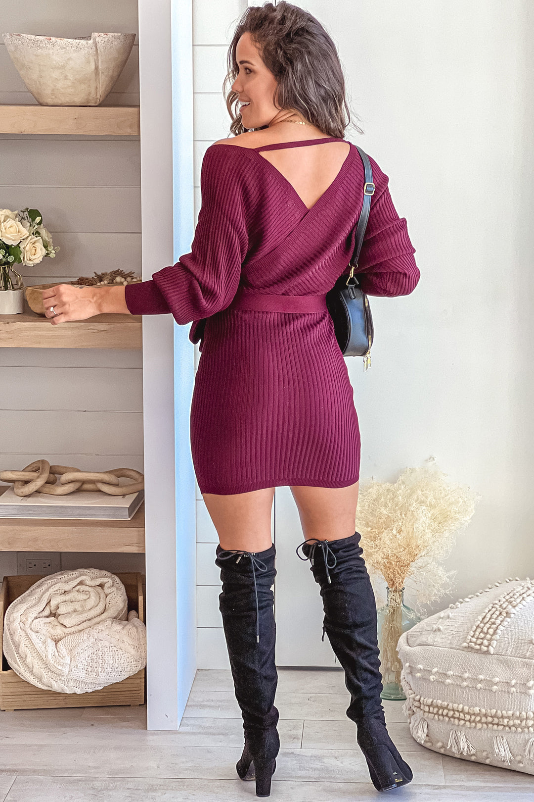 Wine Ribbed Short Dress with Long Sleeves | Short Dresses Saved by the Dress Wine Ribbed Short Dress with Long Sleeves | Short Dresses Saved by the Dress