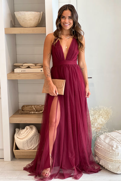 wine tulle maxi dress with criss cross back