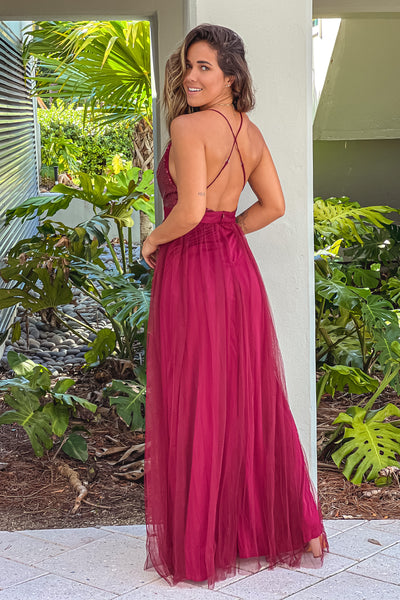 wine tulle maxi dress with criss cross back