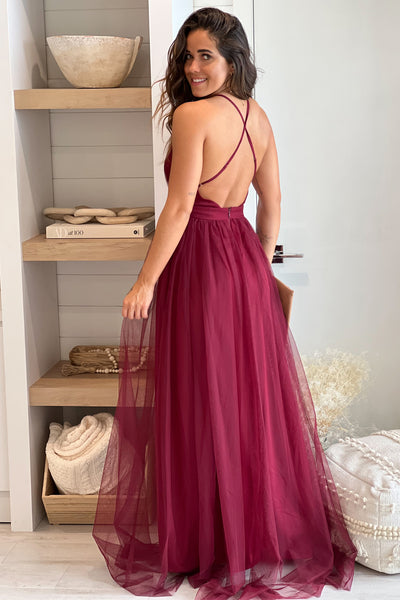 wine tulle maxi dress with open back