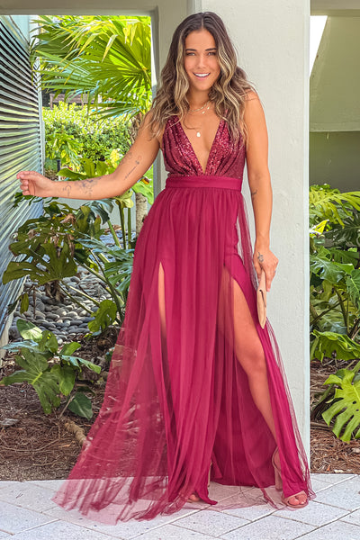 wine tulle maxi dress with sequin top and criss cross back