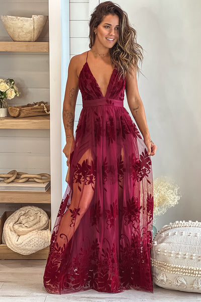 wine tulle maxi dress