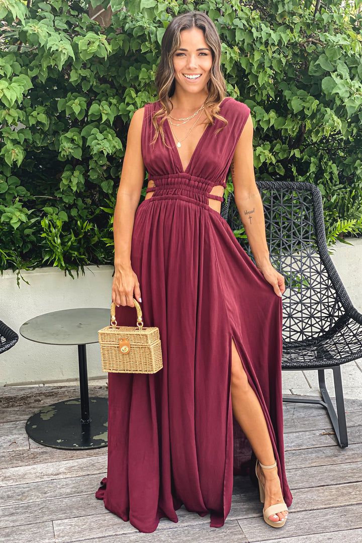 ivory V-Neck Maxi Dress With Cut Out And Slit