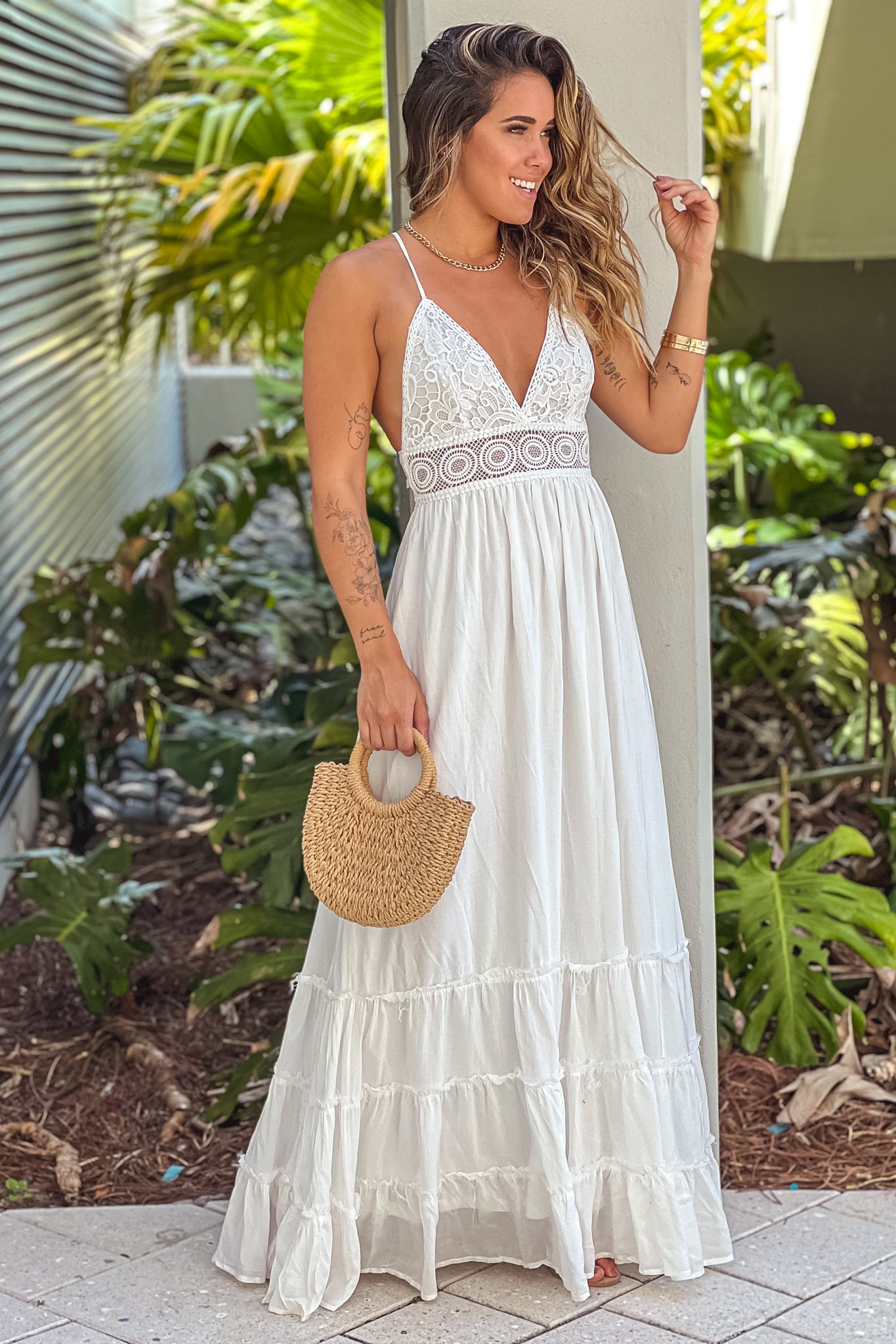White Crochet Top Maxi Dress With Tie Back | Maxi Dresses – Saved by ...
