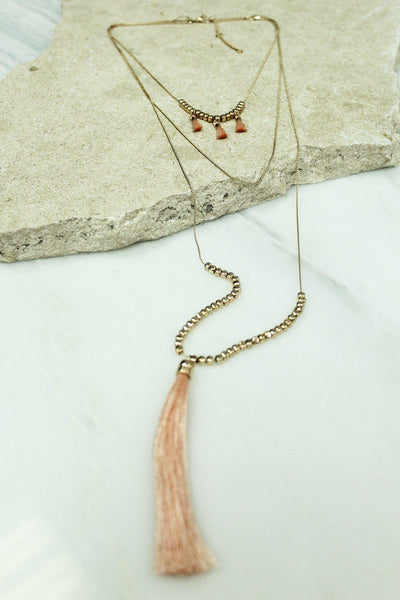 Gold Layered Peach Tassel Necklace