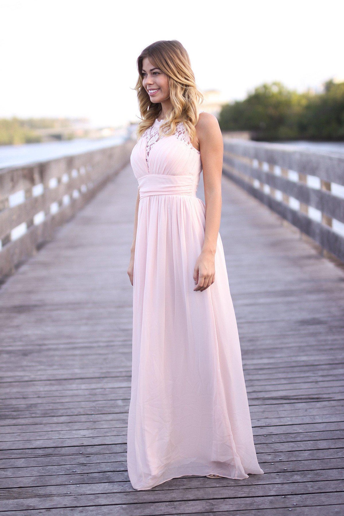Pink Maxi Dress with Pleated Lace Top | Maxi Dresses – Saved by the Dress