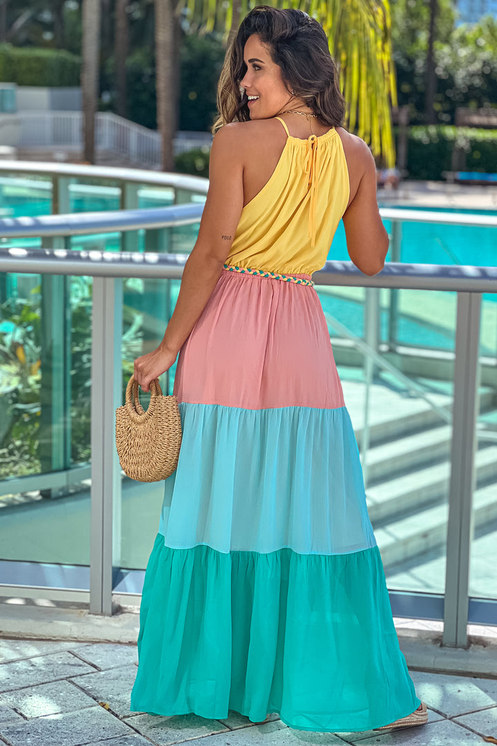 pink blue and yellow dress Color Block Maxi With Belt making it ideal for Color:Pine Fundua Backless Maxi Dress dress-length-pt-midi-dress