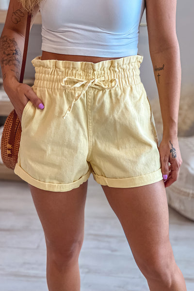 yellow denim paper bag shorts