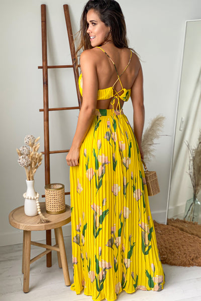 yellow floral criss cross back maxi dress
