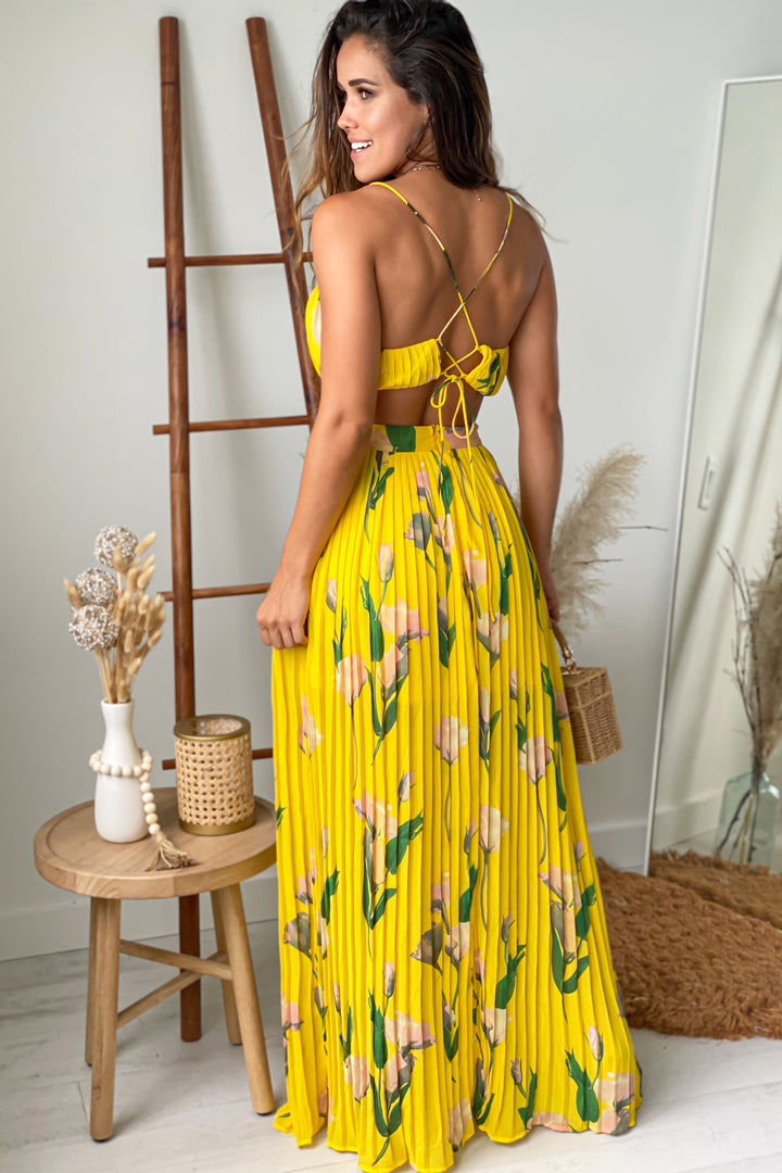 Yellow Floral Pleated Maxi Dress