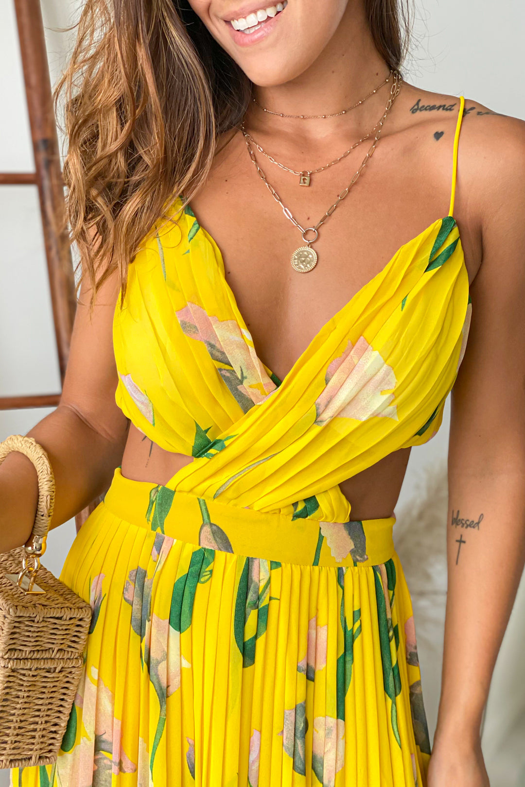 Yellow Floral Pleated Maxi Dress
