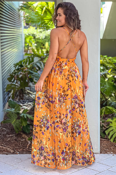yellow floral maxi dress with criss cross back