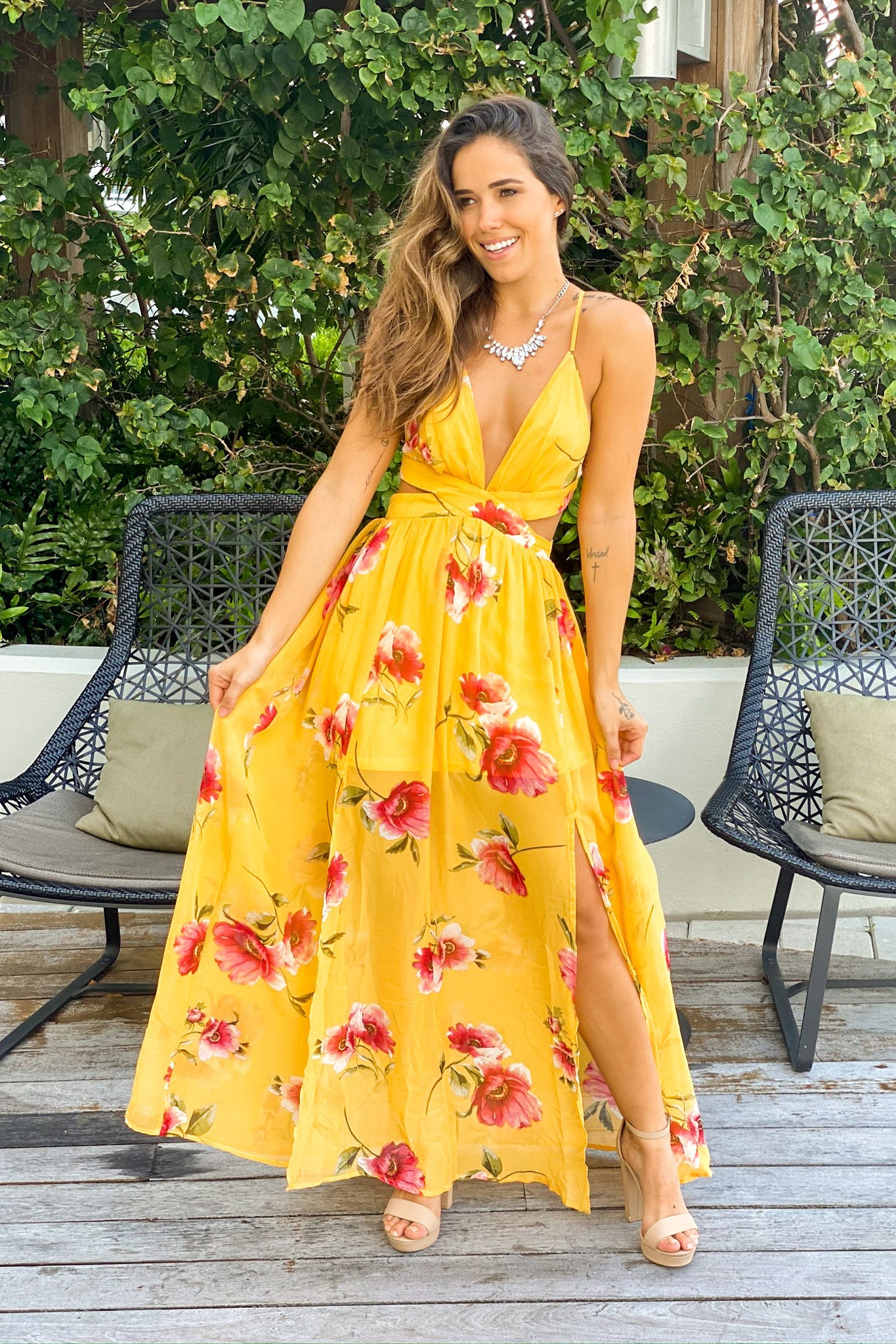 yellow floral maxi dress with cut outs