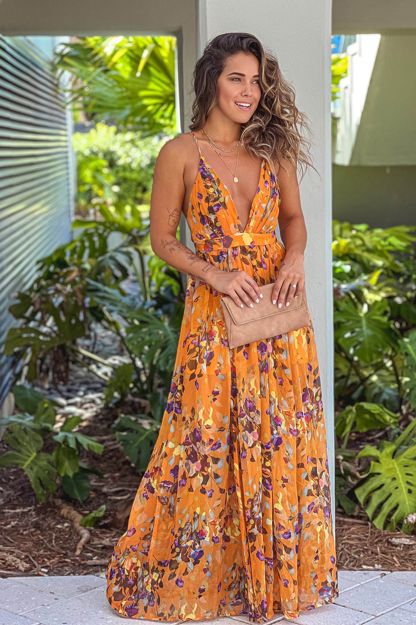 Yellow Floral V-Neck Maxi Dress with Criss Cross Back | Maxi Dresses ...