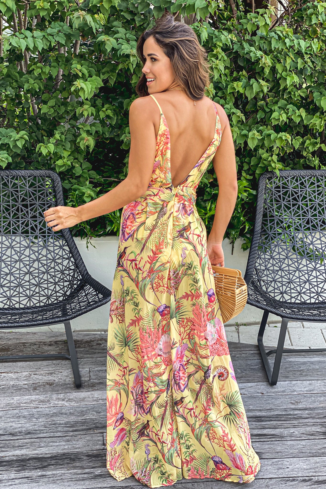 yellow floral open back maxi dress