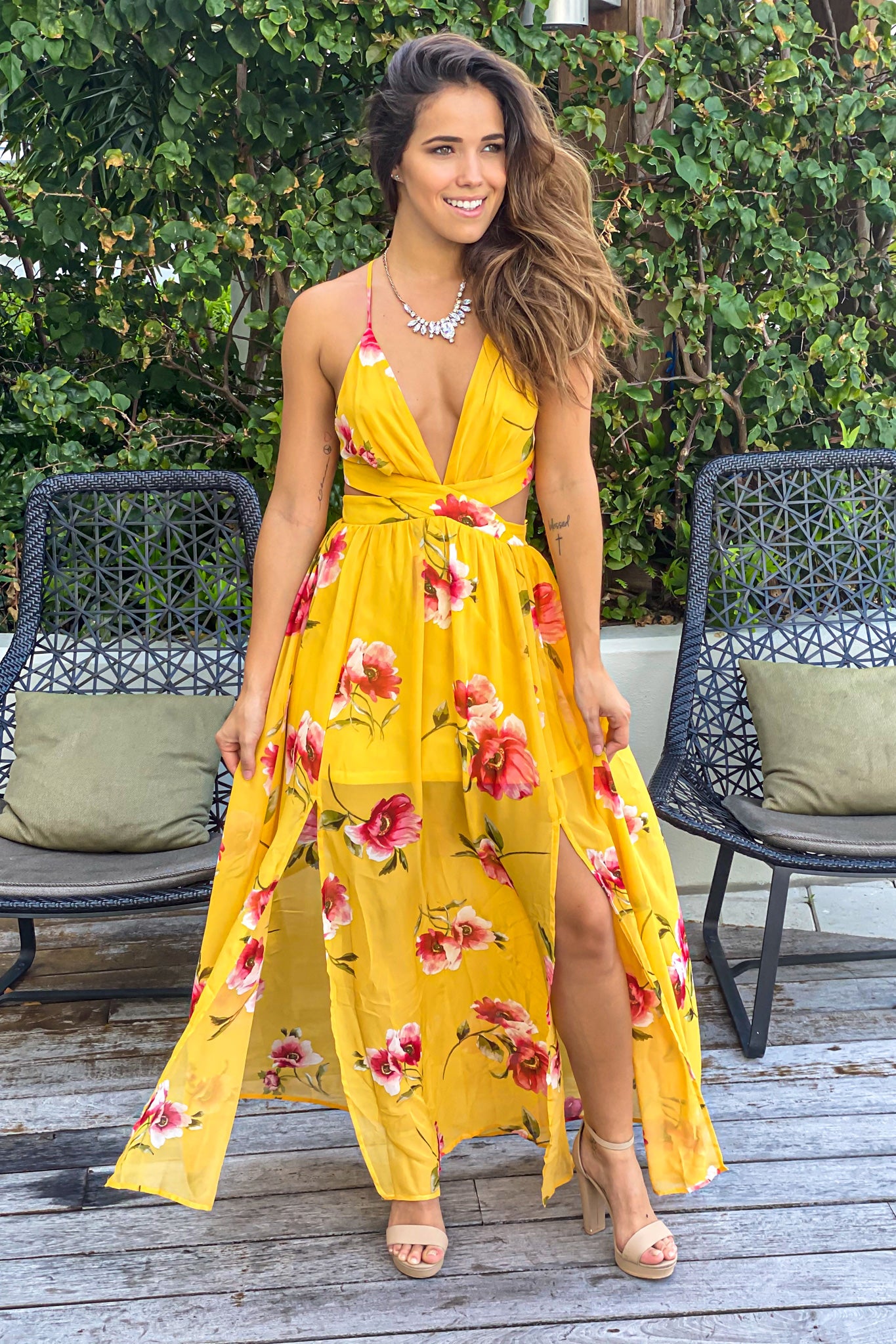 Yellow Floral Maxi Dress with Cut Outs | Maxi Dresses – Saved by the Dress