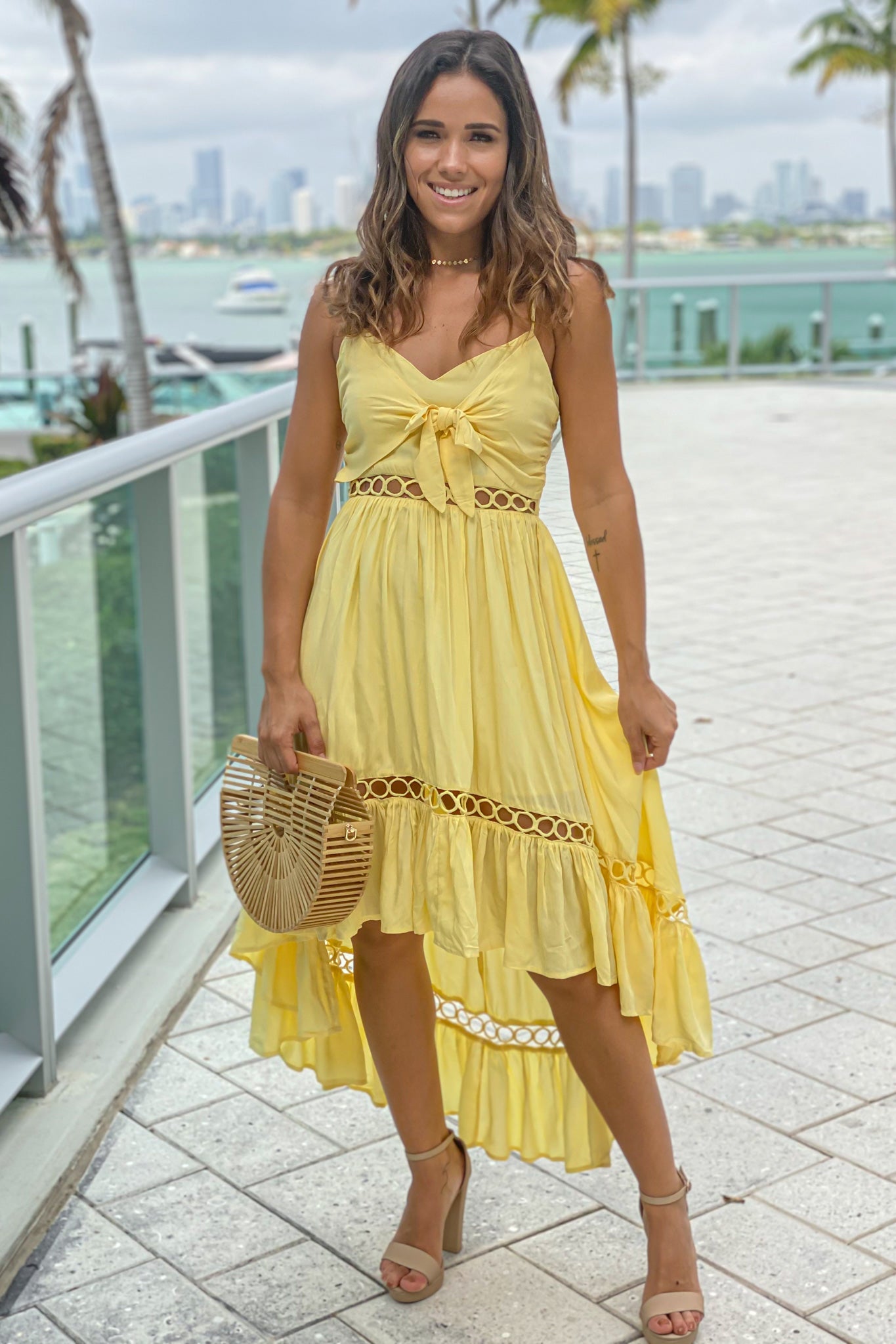 yellow high low dress with tie front