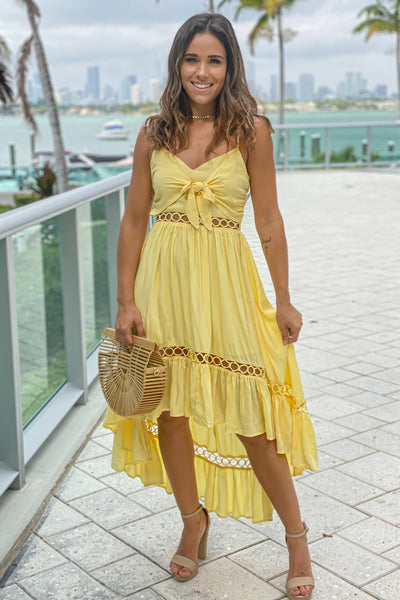 yellow high low dress with tie front