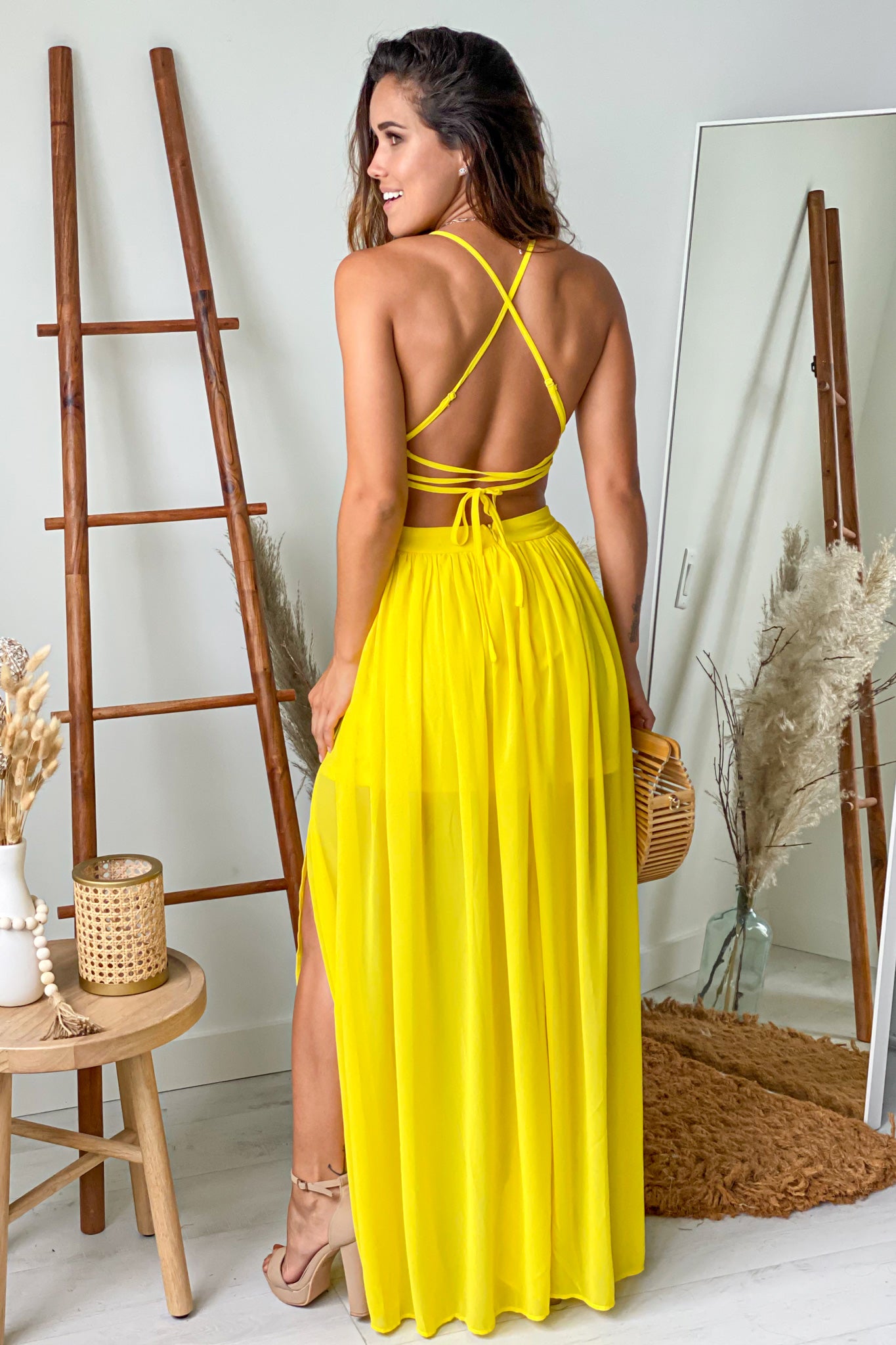 yellow maxi dress with criss cross back