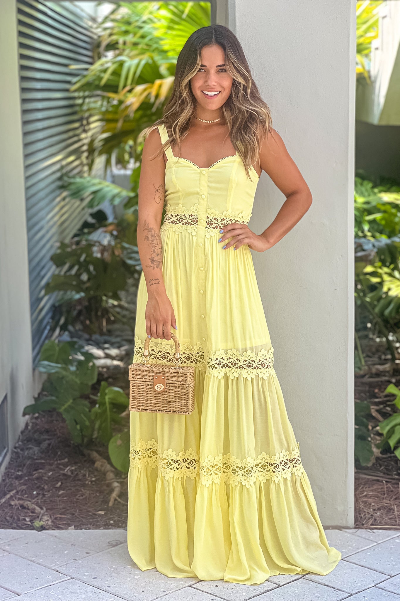 yellow maxi dress with crochet trim and slit
