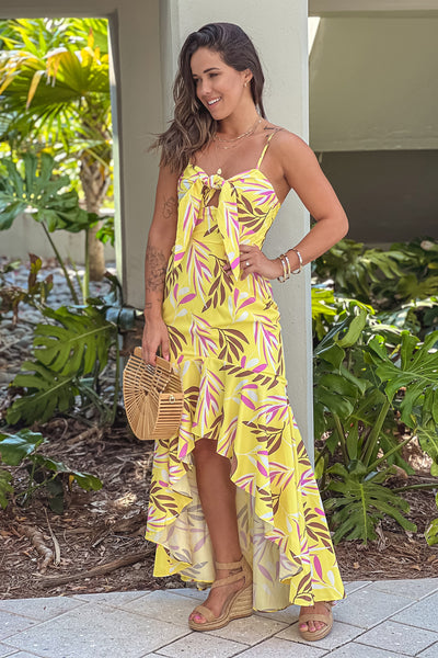 yellow printed knot high low dress