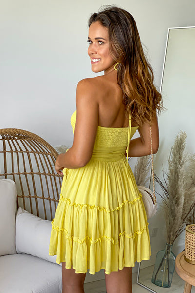 yellow strapless short dress