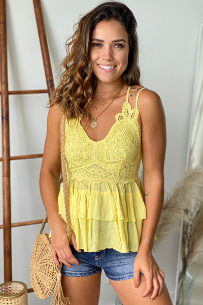 Yellow Ridding Top Yellow Lace Trim Tier Ruffle Top | Cute Tops – Saved by the Dress